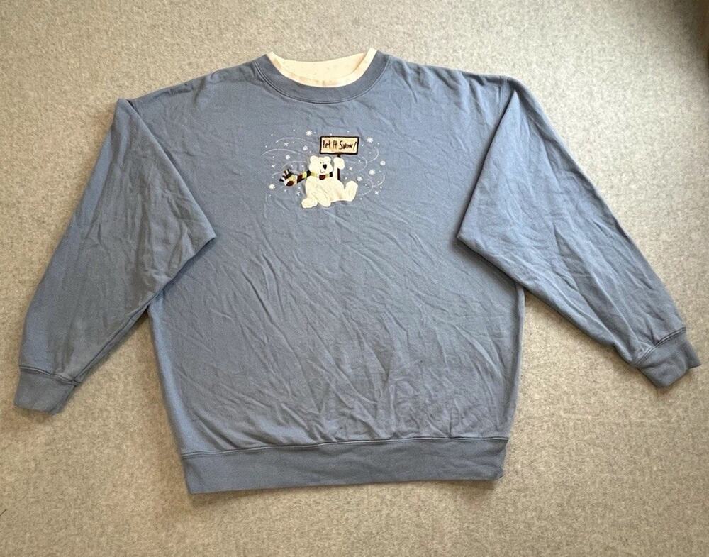 MC Sportswear Blue Crewneck Sweatshirt Holiday Polar Bear Graphic Women Sz L